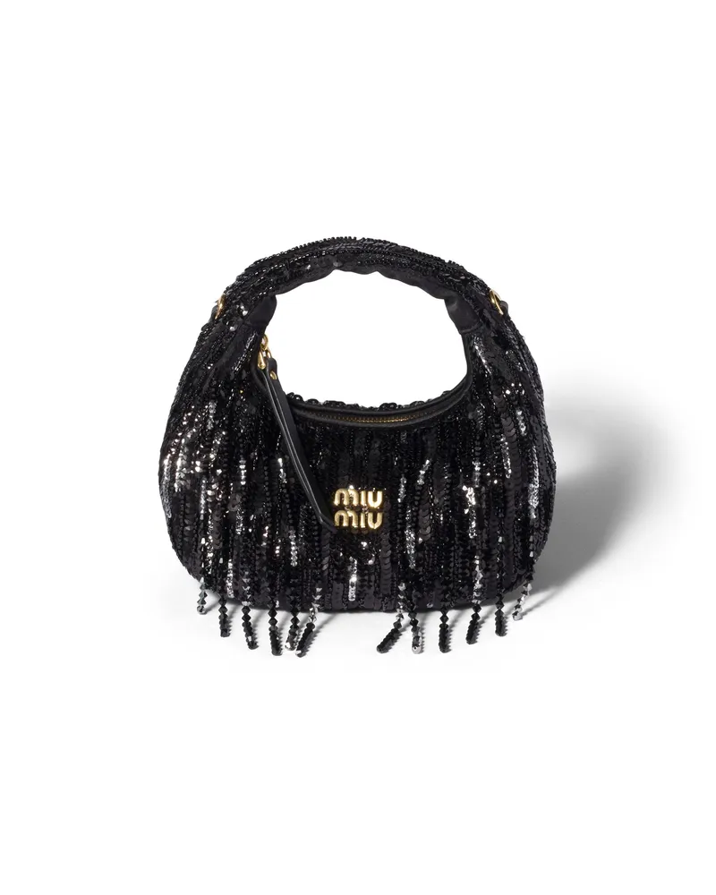 Miu Miu Wander Mini Bag Aus Satin Mit Kristall- Und Paillettenfransen, Damen, Schwarz Schwarz