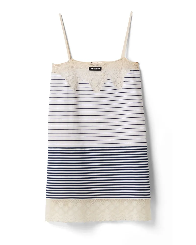 Miu Miu Minikleid Aus Gestreiftem Jersey Mit Besatz Aus Spitze, Damen, Weiss/blau, Größe Weiss