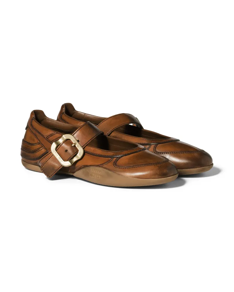 Miu Miu Gymnasium Ballerinas Aus Leder Mit Riemen Und Schnalle, Damen, Cognac, Größe Cognac