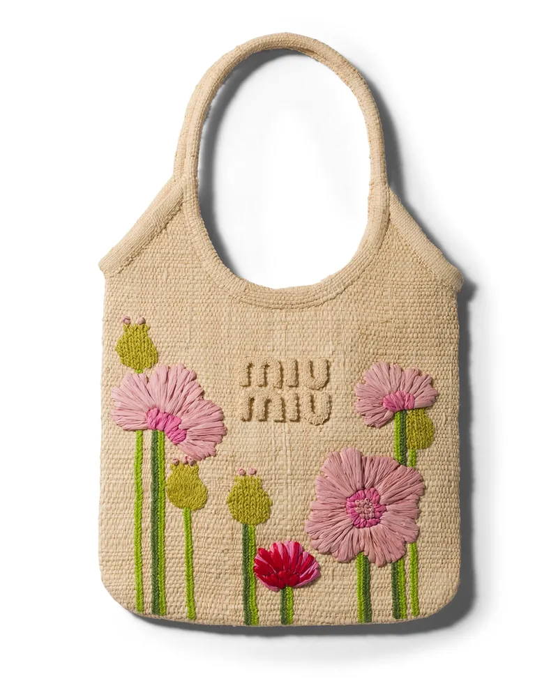 Miu Miu Ivy Handtasche Aus Raphiabast, Damen, Hellbraun / Rosa Hellbraun