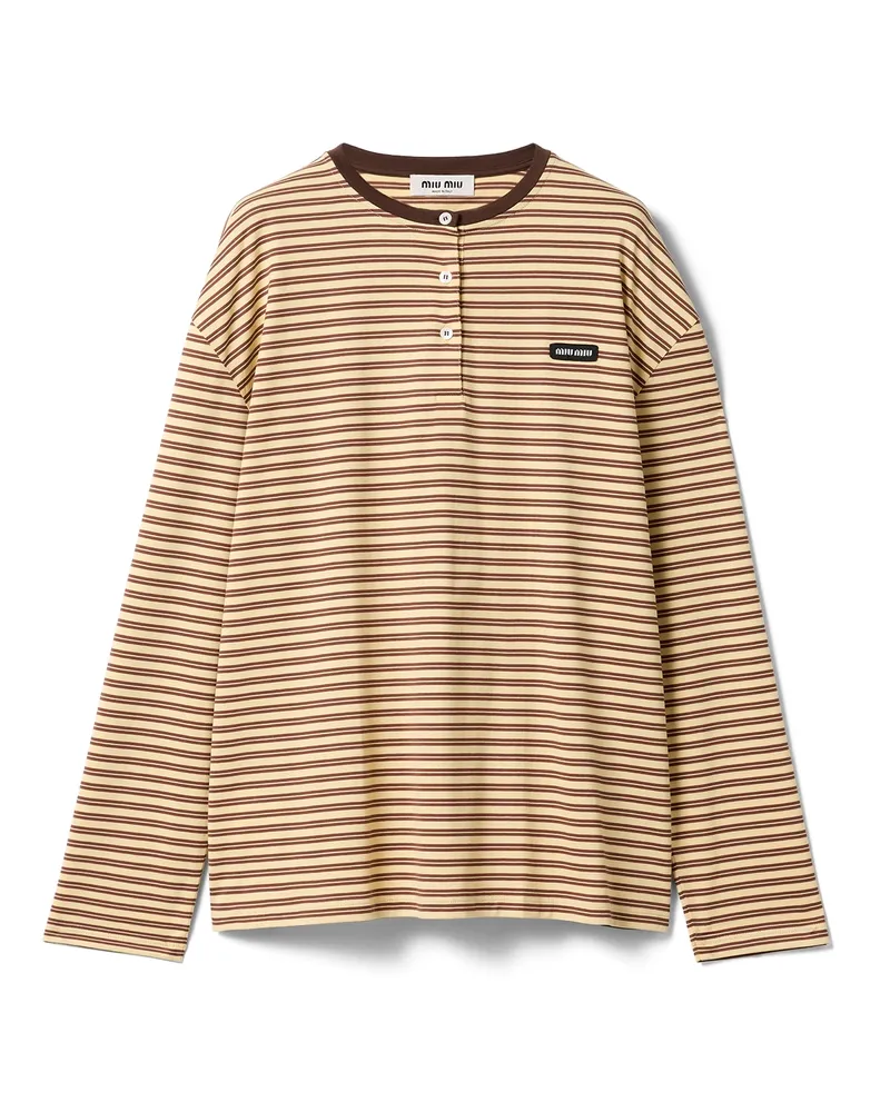 Miu Miu Gestreiftes T-shirt Aus Jersey, Damen, Cremefarben/kakaobraun, Größe Cremefarben