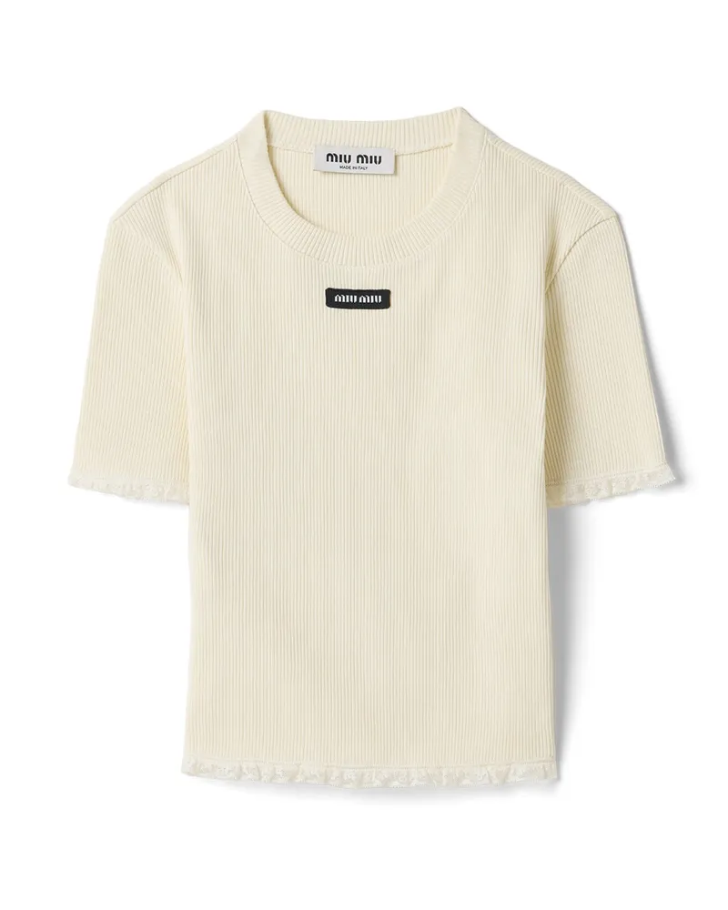 Miu Miu T-shirt Aus Geripptem Jersey, Damen, Elfenbein, Größe Elfenbein