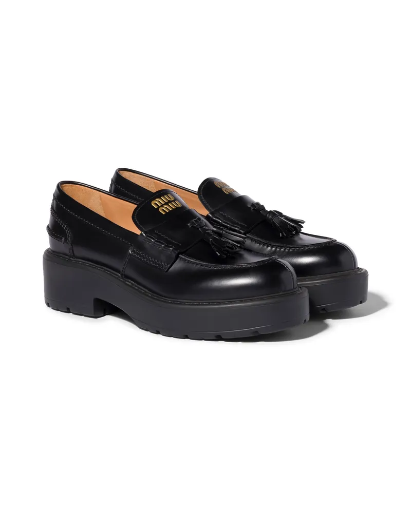Miu Miu Loafer Aus Gebürstetem Leder, Damen, Schwarz, Größe Schwarz