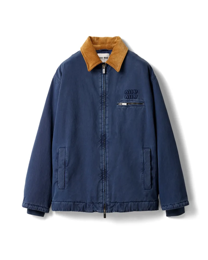 Miu Miu Truckerjacke Aus Gabardine Mit Kragen Aus Cord, Damen, Indigoblau, Größe Indigoblau