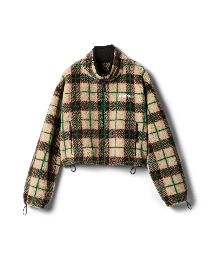 Miu Miu Karierte Jacke Aus Teddy Mit Reißverschluss, Damen, Albino/kakao, Größe Albino