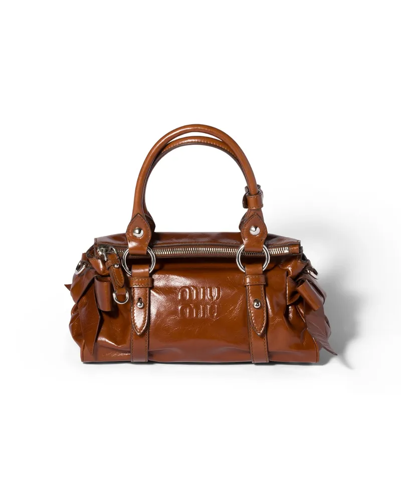 Miu Miu Handtasche Aus Glänzendem Leder, Damen, Palisander Palisander
