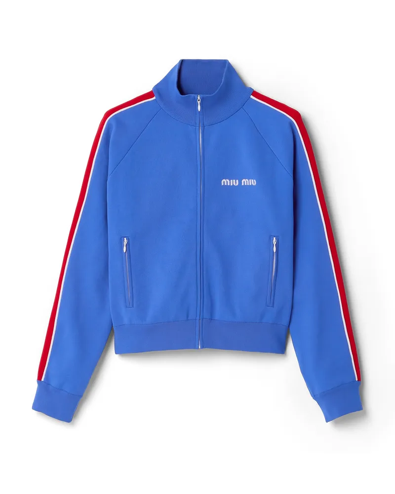 Miu Miu Sweatshirt Aus Technischem Garn Mit Reißverschluss, Damen, Kornblumenblau/rot, Größe Kornblumenblau