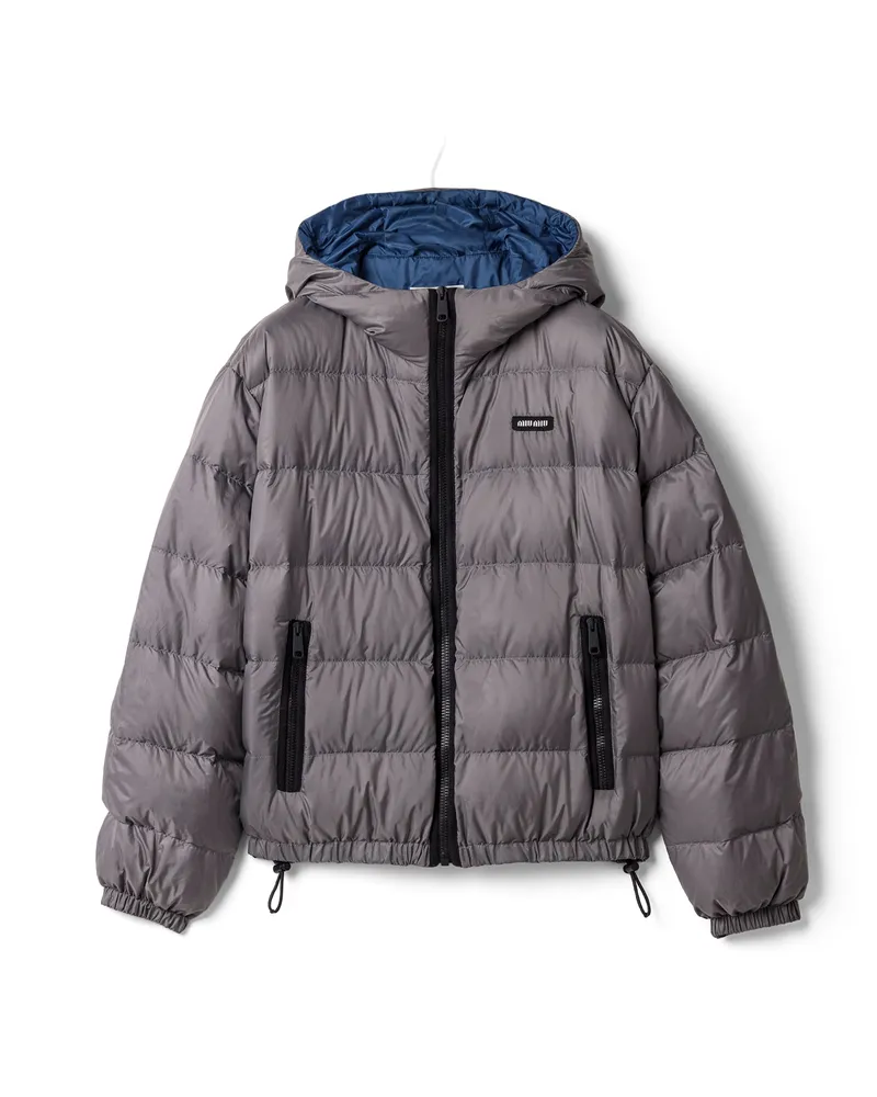 Miu Miu Daunenjacke Mit Kapuze Aus Leichtem Pongé, Damen, Stahlgrau, Größe Stahlgrau