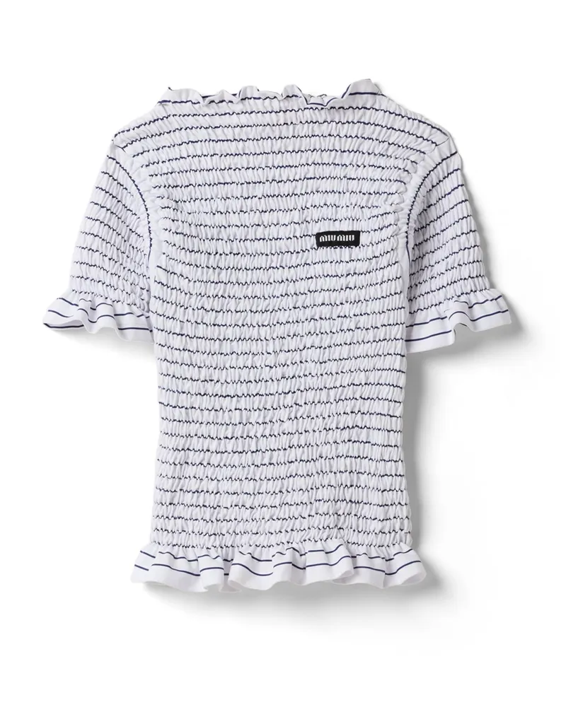 Miu Miu Gesmoktes Top Aus Gestreiftem Jersey, Damen, Weiss/blau, Größe Weiss