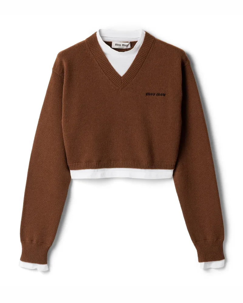 Miu Miu Kurzer Pullover Aus Kaschmir Mit V-ausschnitt, Damen, Cognac, Größe Cognac