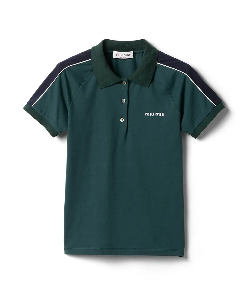 Miu Miu Poloshirt Aus Baumwolljersey, Damen, Flaschengrün/blau, Größe Flaschengrün