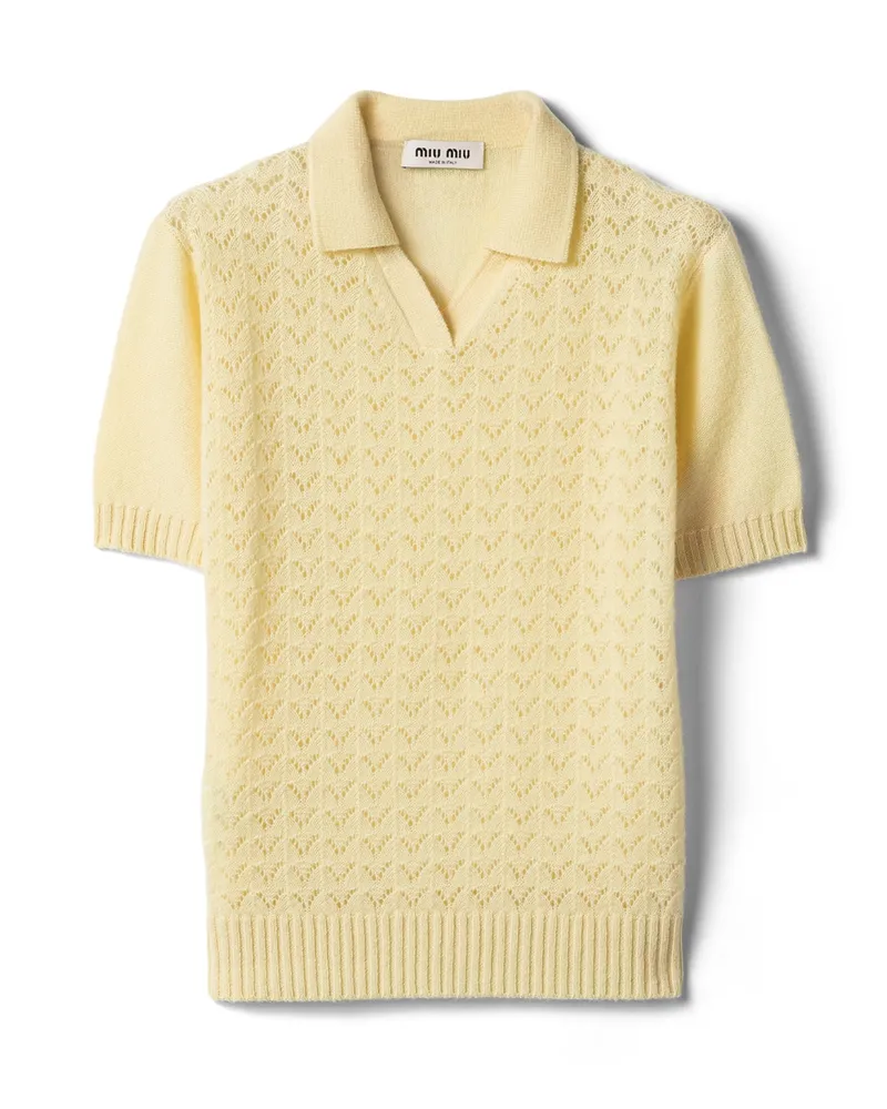 Miu Miu Poloshirt Aus Kaschmirstrick Mit Spitzenoptik, Damen, Creme, Größe Creme