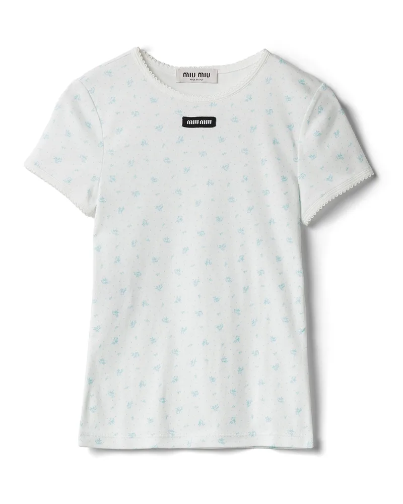 Miu Miu T-shirt Aus Geripptem Jersey, Damen, Weiss/hellblau, Größe Weiss