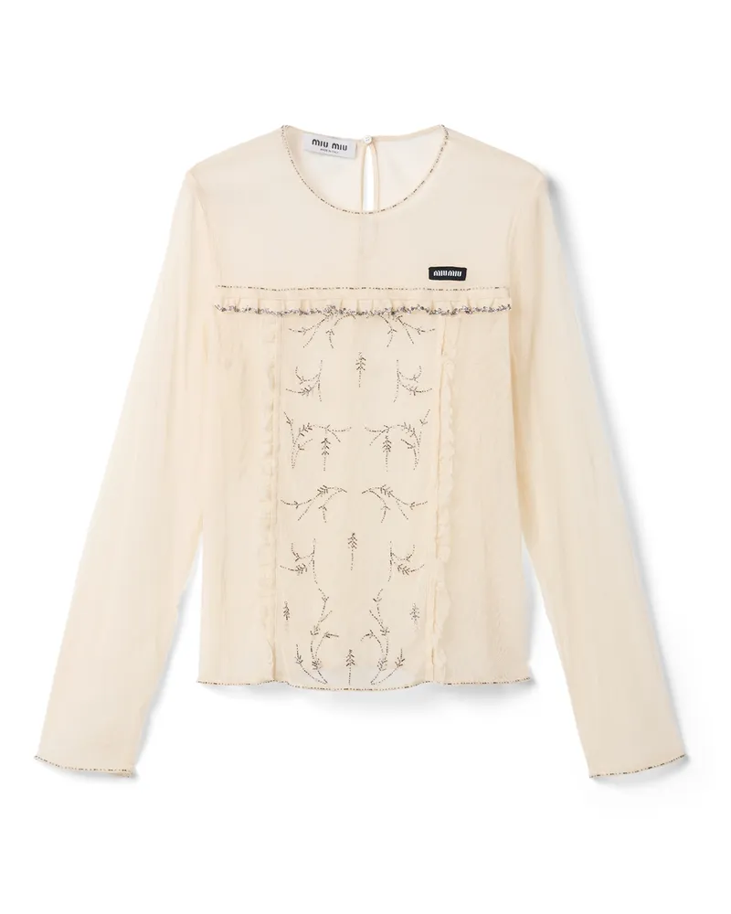 Miu Miu Top Aus Besticktem Tüll, Damen, Natur, Größe Natur