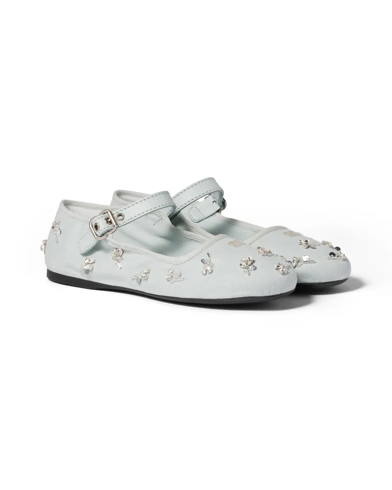 Miu Miu Bestickte Ballerinas Aus Drill, Damen, Puderblau, Größe Puderblau