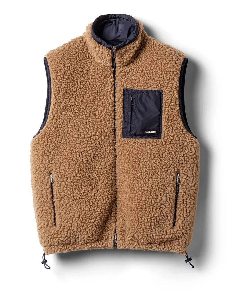 Miu Miu Daunenweste Aus Teddy Mit Technischem Pongé, Damen, Camel/königsblau, Größe Camel