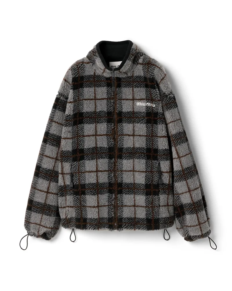Miu Miu Jacke Aus Kariertem Teddy Mit Reißverschluss, Damen, Grau/schwarz, Größe Grau