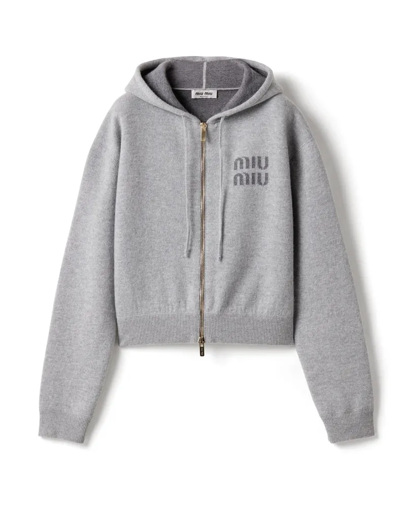 Miu Miu Strickjacke Aus Doppelt Gestricktem Kaschmir Mit Reißverschluss Und Kapuze, Damen, Grau, Größe Grau