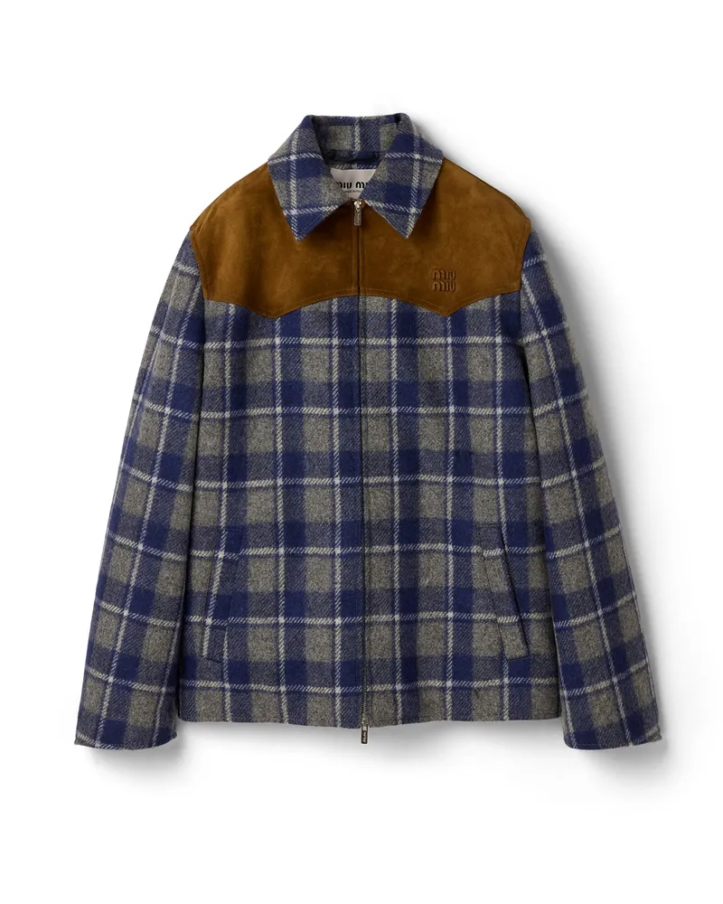 Miu Miu Karierte Blousonjacke, Damen, Schiefer/hellblau, Größe Schiefer