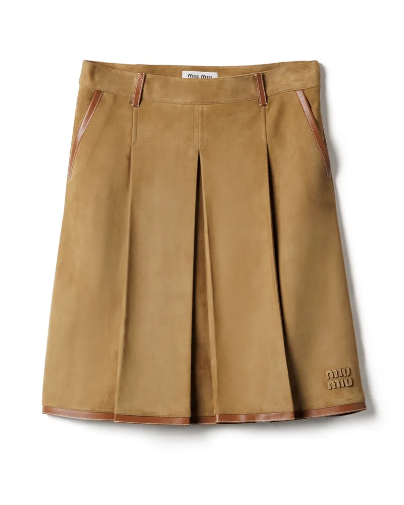 Miu Miu Faltenrock Aus Wildleder, Damen, Malzbeige, Größe Malzbeige