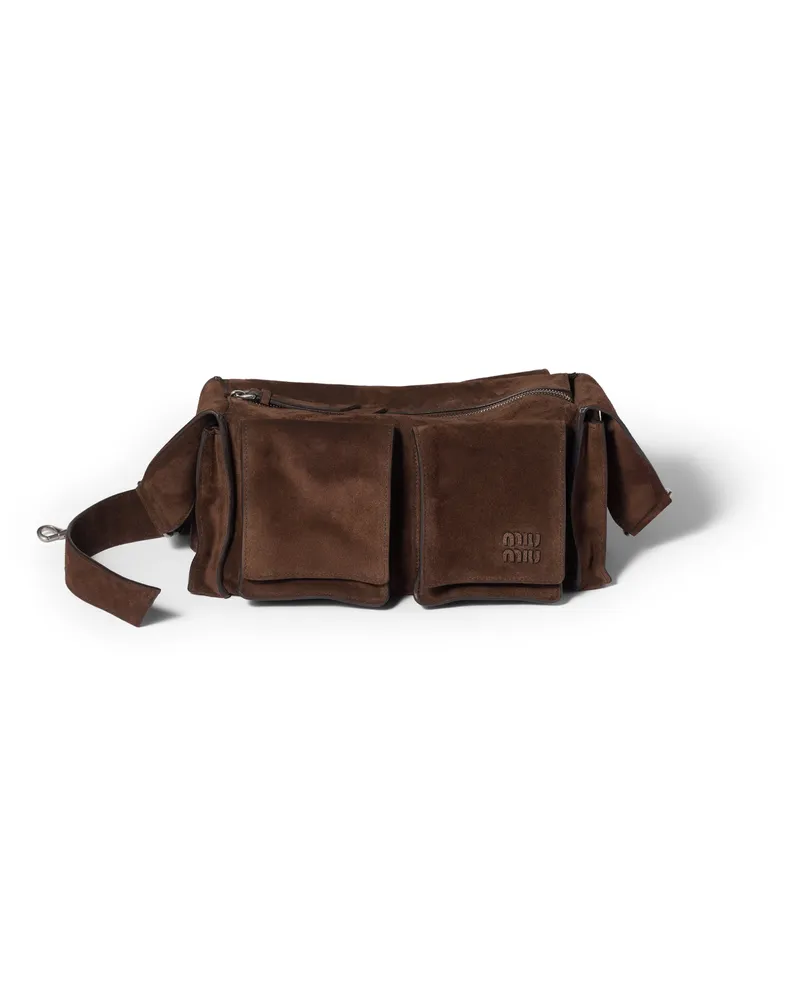 Miu Miu Schultertasche Aus Veloursleder Im Utilitaire-stil , Damen, Dunkelbraun Dunkelbraun