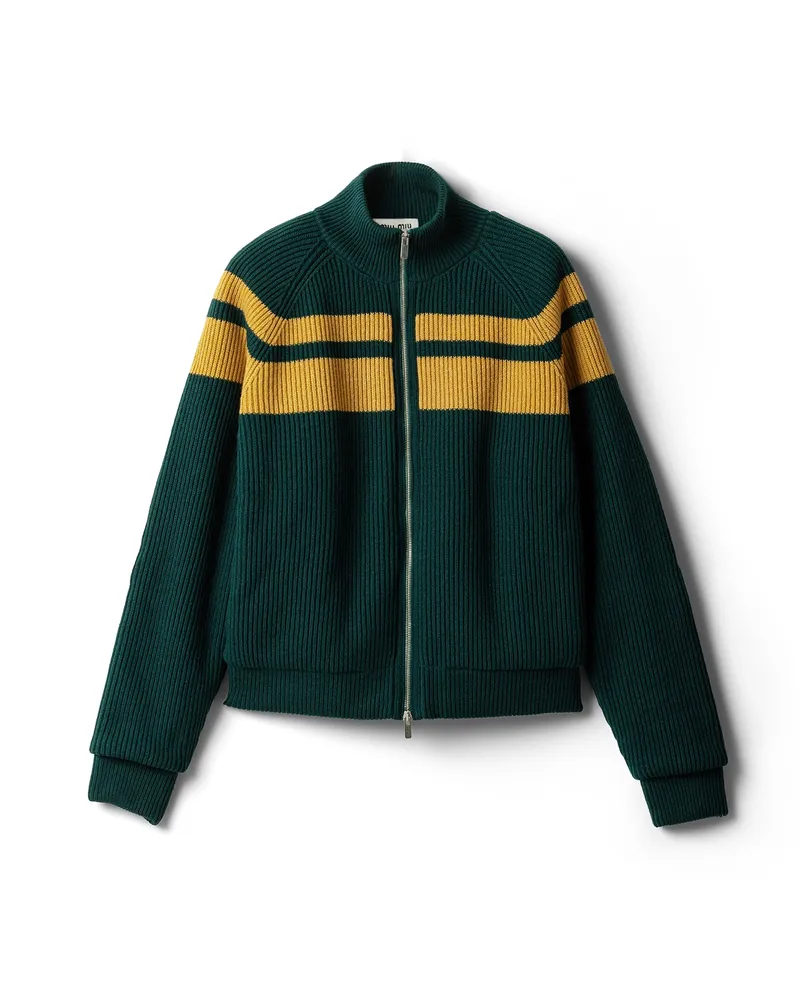 Miu Miu Bomberjacke Aus Wolle Mit Reißverschluss , Damen, Flaschengrün/gelb, Größe Flaschengrün