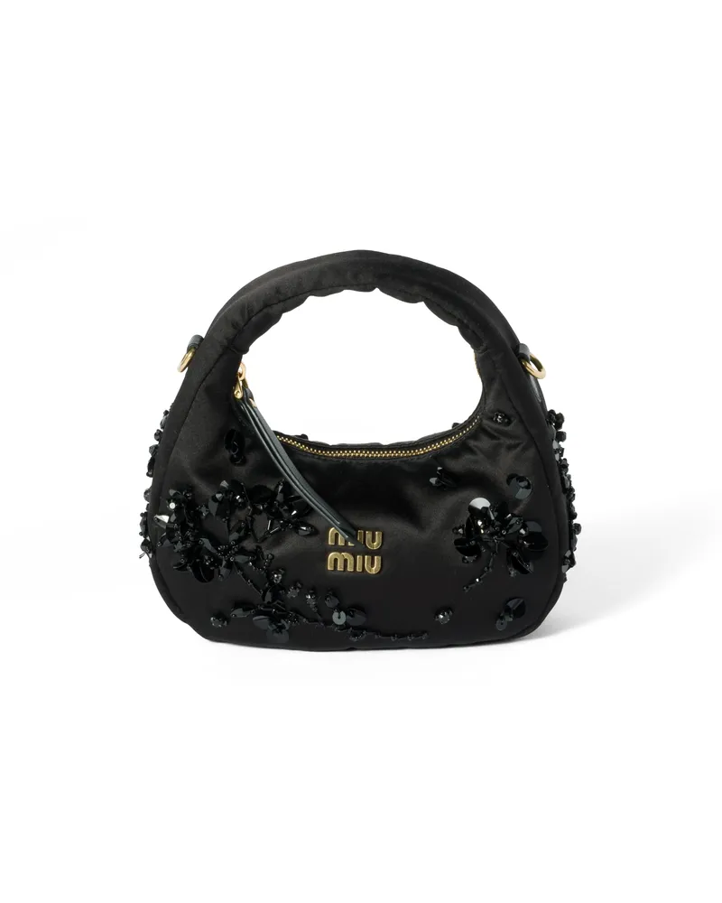 Miu Miu Wander Mini Bag Aus Besticktem Duchesse, Damen, Schwarz Schwarz