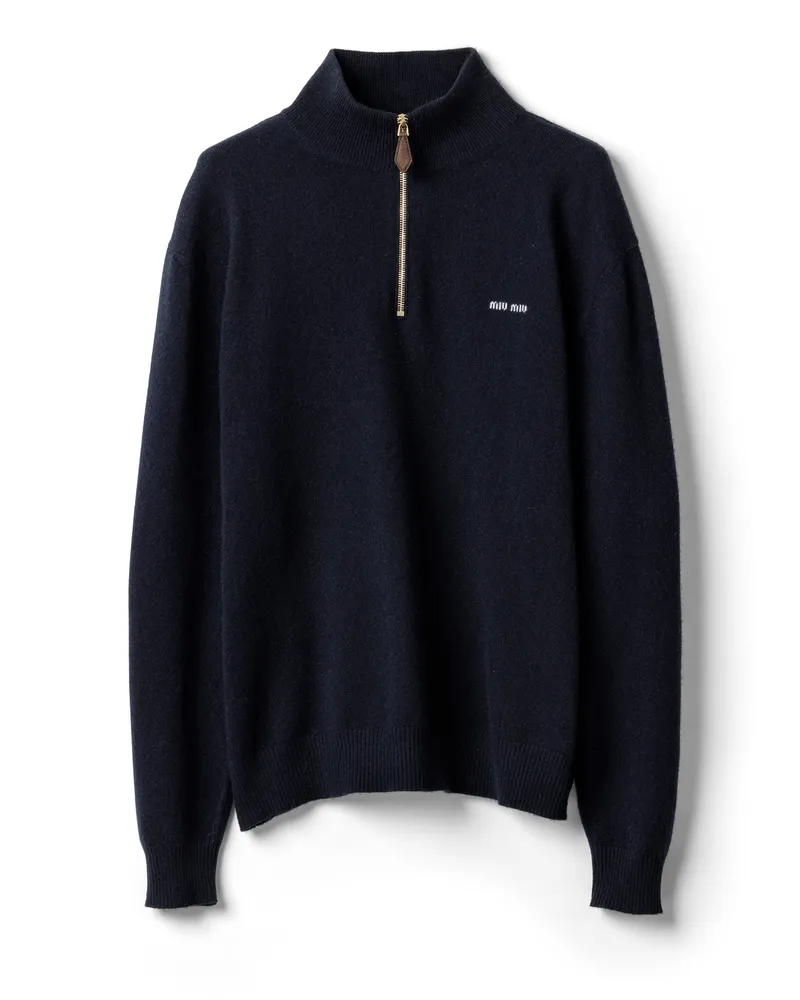 Miu Miu Pullover Aus Kaschmir Und Leder Mit Reißverschluss, Damen, Blau, Größe Blau