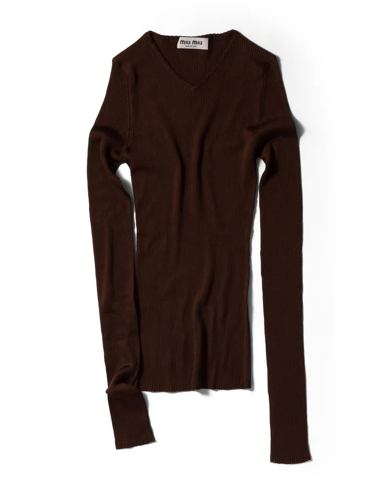Miu Miu Pullover Aus Seide Mit V-ausschnitt, Damen, Kakaobraun, Größe Kakaobraun