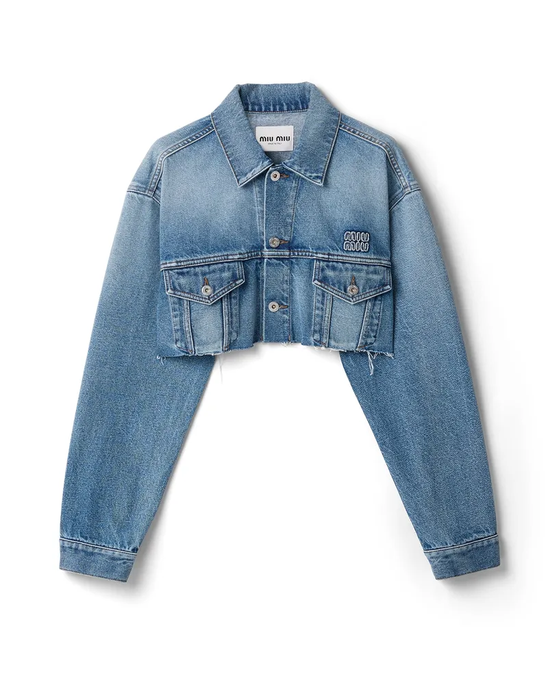 Miu Miu Kurze Jacke Aus Gewaschenem Denim, Damen, Blau, Größe Blau