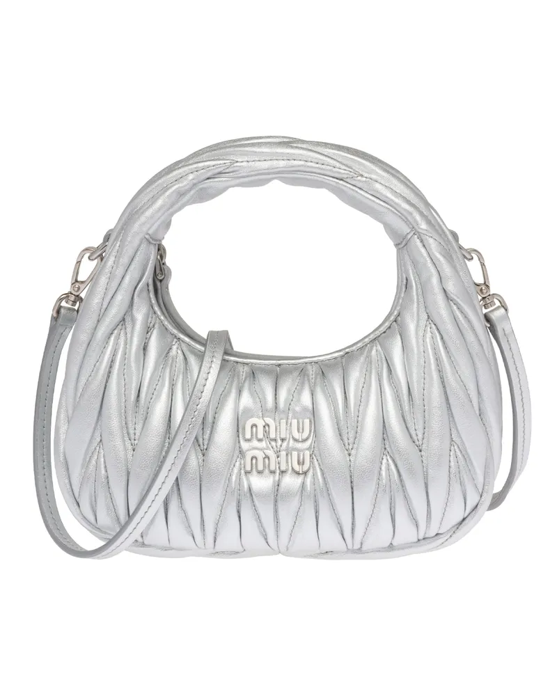 Miu Miu Wander Mini Hobo Bag Aus Matelassé-nappaleder, Damen, Silber Silber