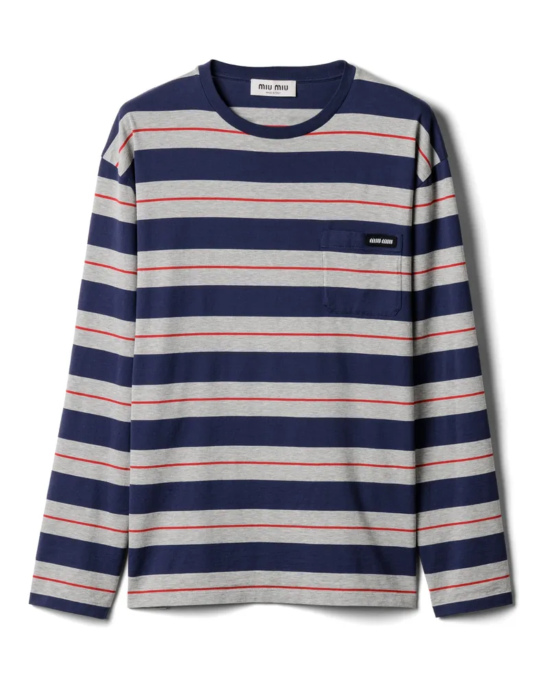 Miu Miu Langärmliges T-shirt Aus Baumwolljersey, Damen, Grau/marineblau, Größe Grau