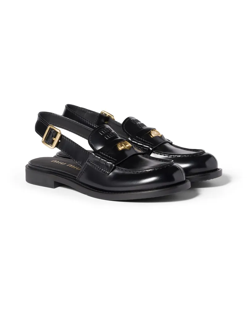 Miu Miu Loafer Aus Gebürstetem Leder Mit Slingback, Damen, Schwarz, Größe Schwarz