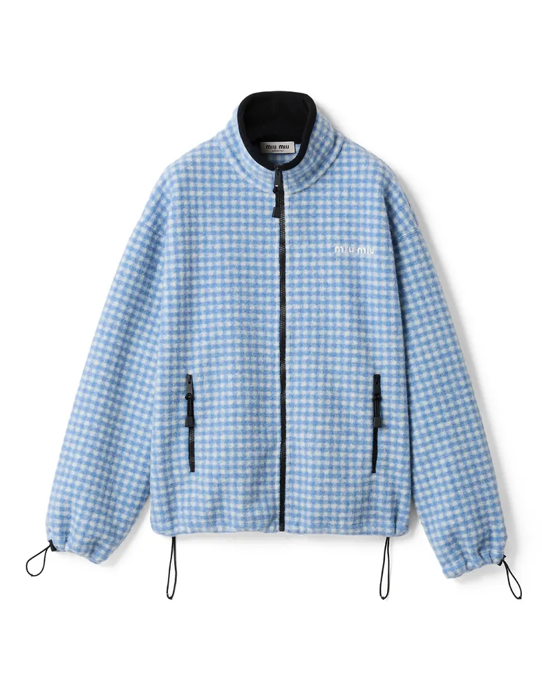Miu Miu Fleecejacke Mit Vichykaromuster, Damen, Weiss/hellblau, Größe Weiss