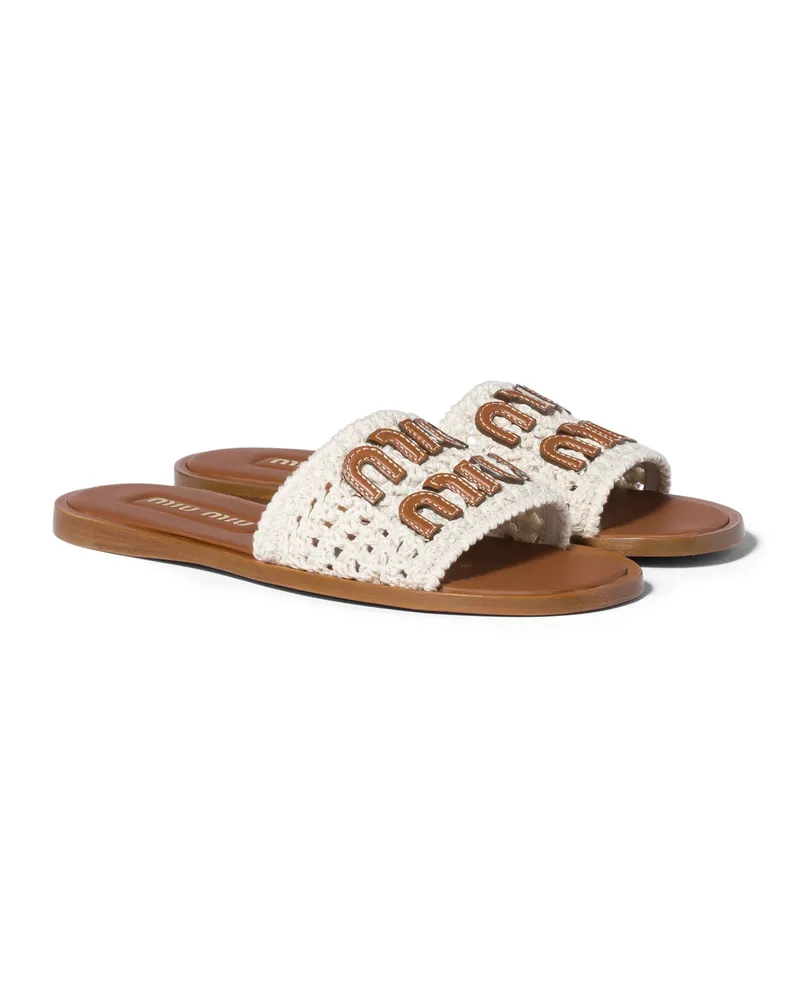 Miu Miu Pantoletten Aus Leder Mit Häkel-details, Damen, Elfenbein, Größe Elfenbein