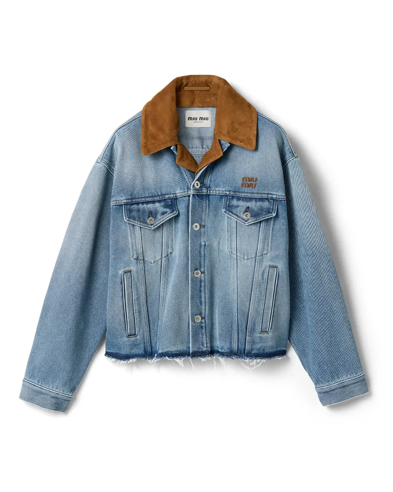 Miu Miu Blousonjacke Aus Gewaschenem Denim Und Wildleder, Damen, Saphirblau, Größe Saphirblau