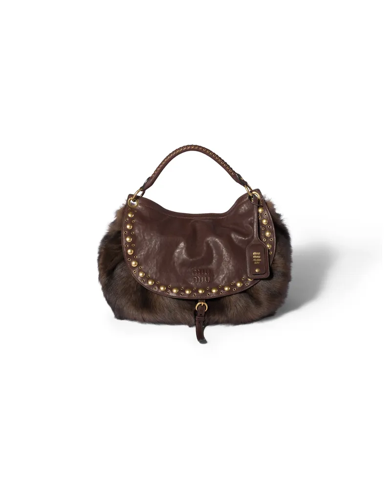 Miu Miu Rendez-vous Tasche Aus Lammfell Und Nappaleder Mit Nieten, Damen, Mahagoni/maserholz Mahagoni
