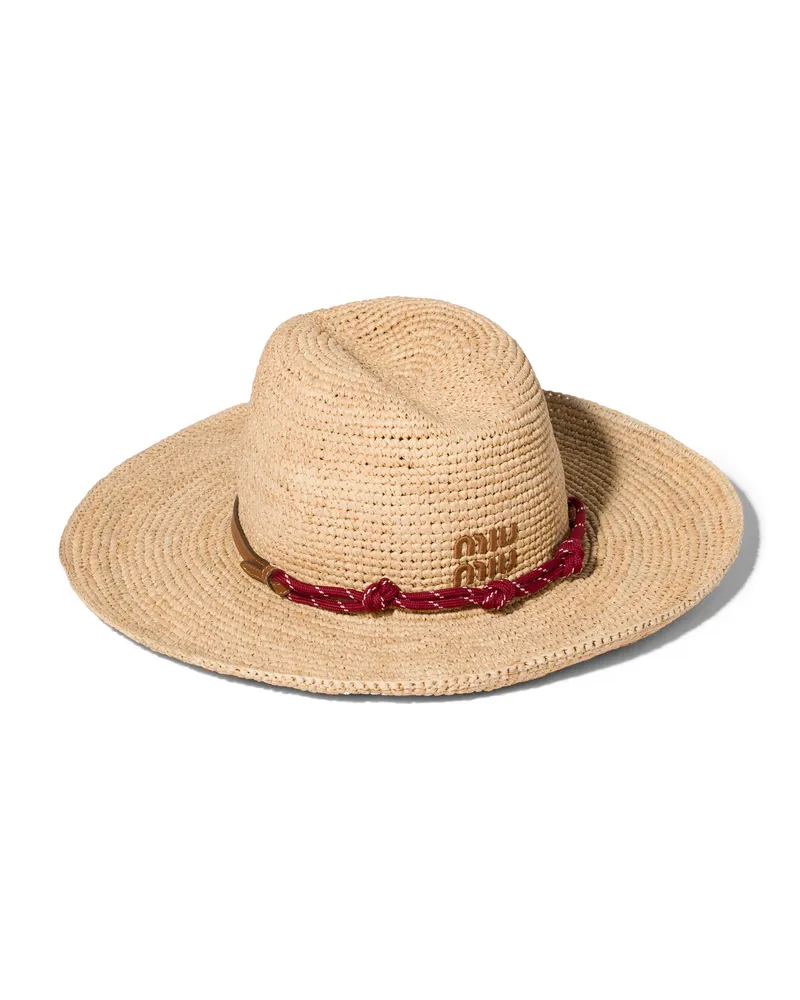 Miu Miu Hut Aus Raphiabast Und Leder, Damen, Beige/burgunderrot, Größe Beige