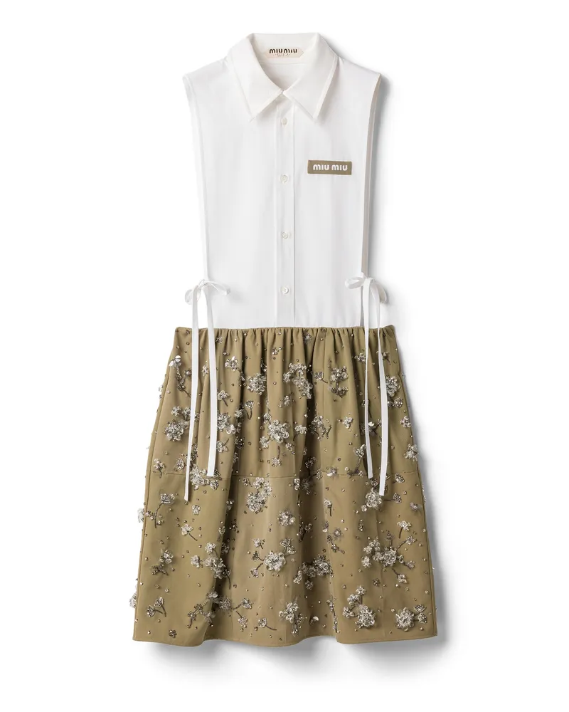 Miu Miu Besticktes Minikleid Aus Popeline Und Chino, Damen, Weiss, Größe Weiss