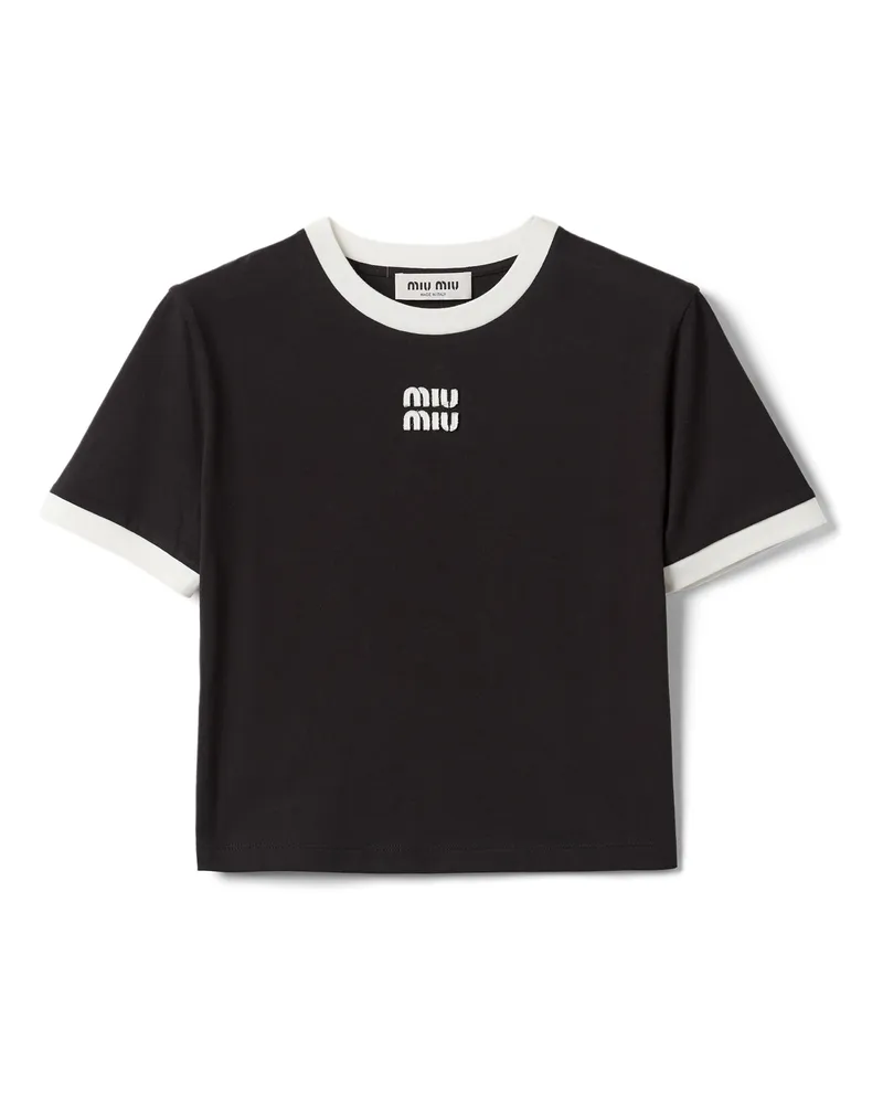 Miu Miu T-shirt Aus Baumwolljersey Mit Sticklogo, Damen, Schwarz, Größe Schwarz