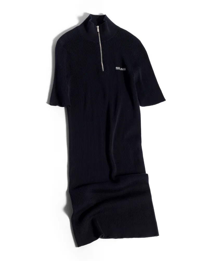 Miu Miu Ribbed Knit Cotton Dress, Damen, Blau, Größe Blau
