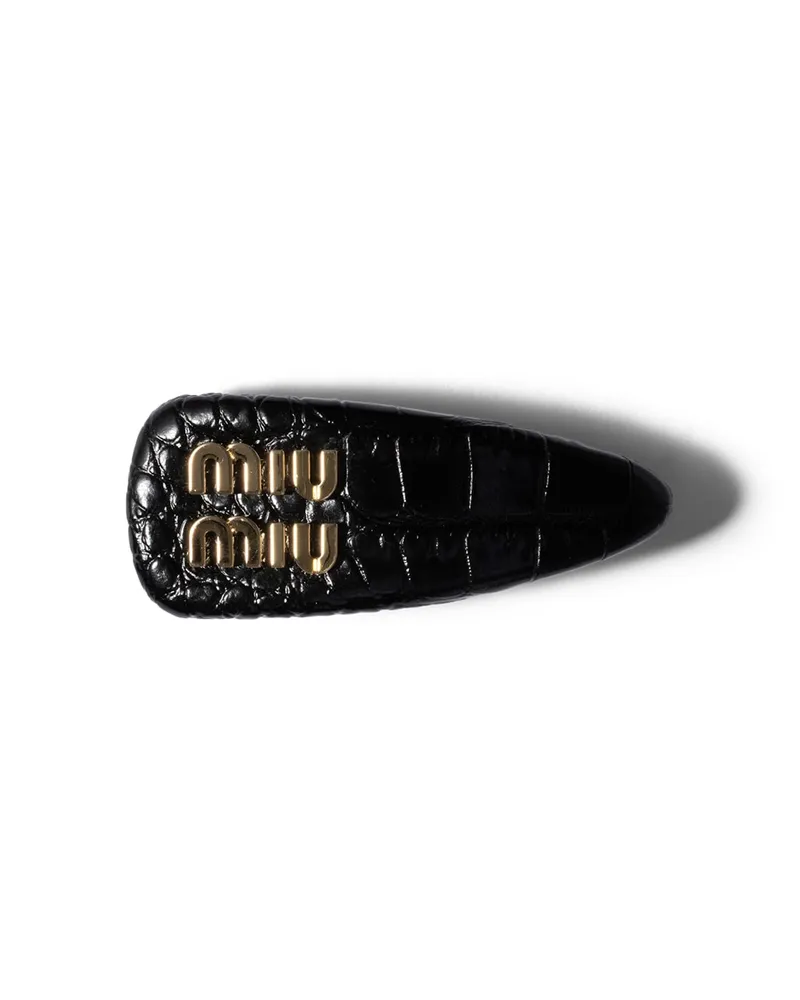 Miu Miu Haarspange Aus Kroko-geprägtem Leder, Damen, Schwarz Schwarz