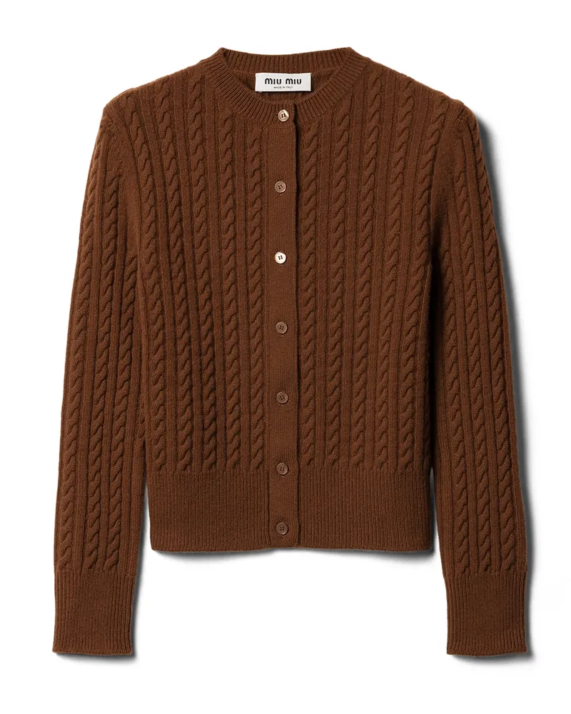 Miu Miu Strickjacke Aus Kaschmirstrick Mit Zopfmuster, Damen, Tabak, Größe Tabak