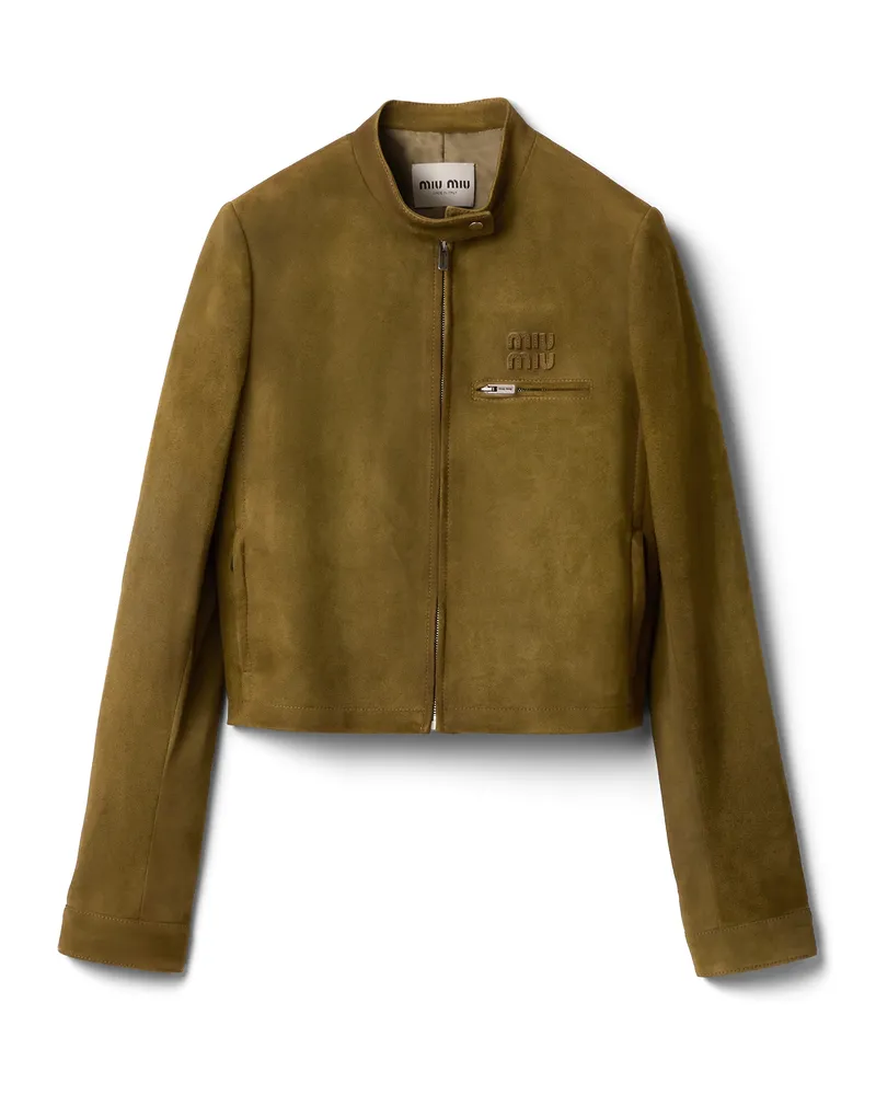 Miu Miu Jacke Aus Gewachstem Wildleder, Damen, Grün, Größe Grün