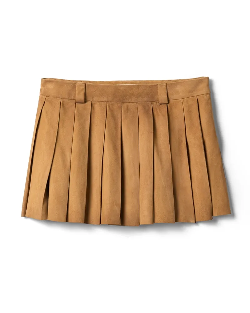 Miu Miu Mini-faltenrock Aus Gewachstem Wildleder, Damen, Honig, Größe Honig