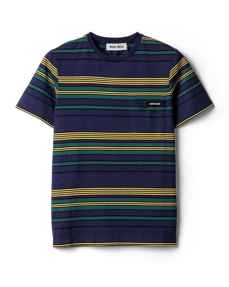 Miu Miu Gestreiftes T-shirt Aus Jersey, Damen, Blau/flaschengrün, Größe Blau