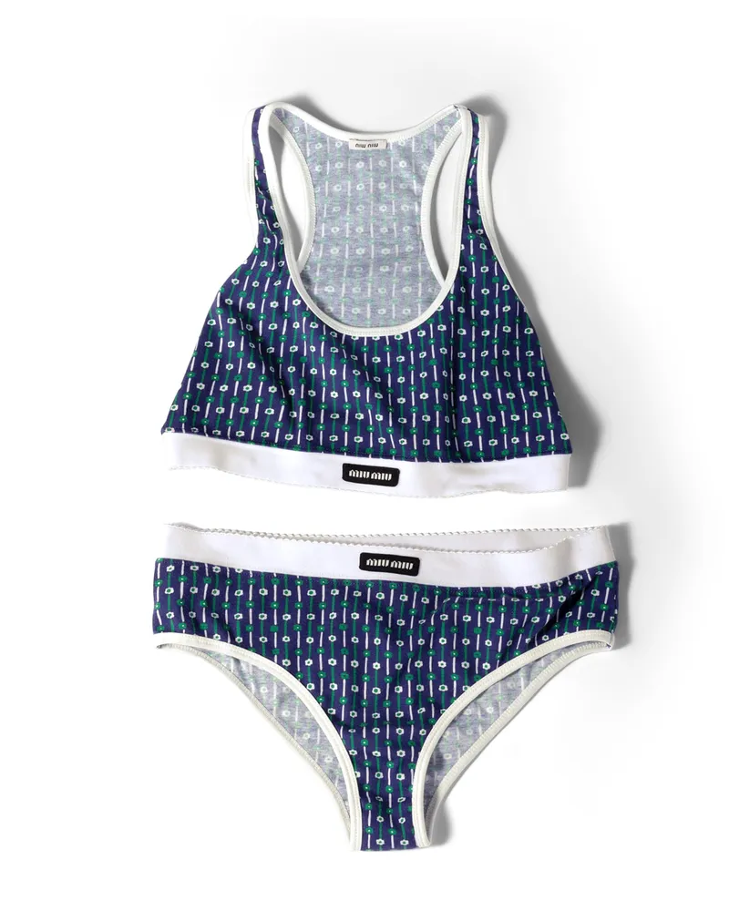 Miu Miu Bedruckter Rippstrick-bh Und Slip, Damen, Tintenblau/grün, Größe Tintenblau