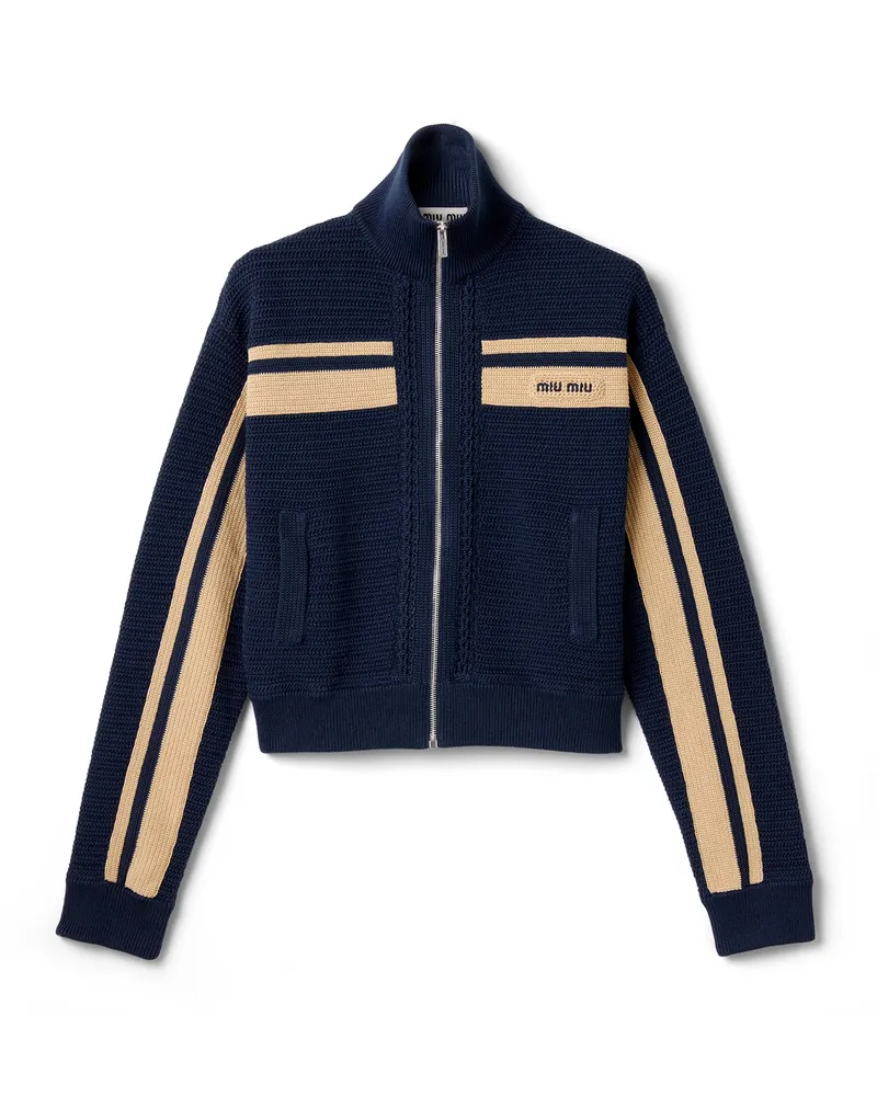 Miu Miu Strickjacke Aus Baumwoll-häkelarbeit, Damen, Marineblau/sand, Größe Marineblau