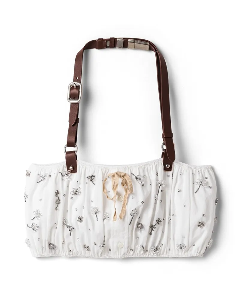 Miu Miu Besticktes Bandeau-top Aus Popeline Und Chino, Damen, Weiss, Größe Weiss