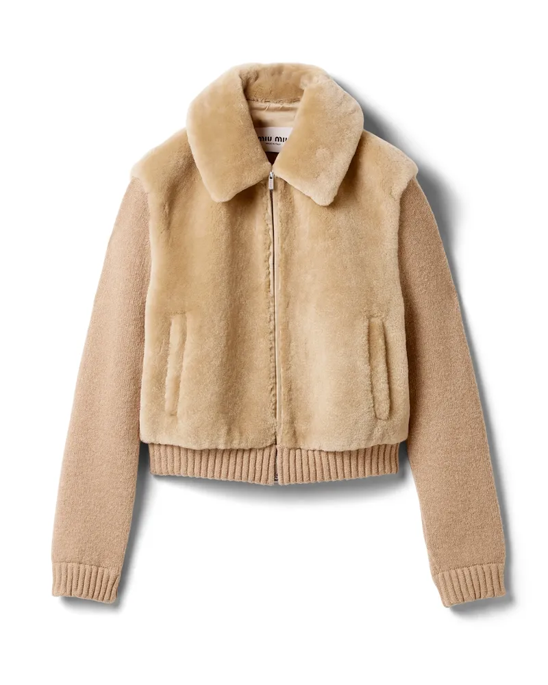 Miu Miu Blousonjacke Aus Lammfell Und Strick, Damen, Kamelbraun, Größe Kamelbraun